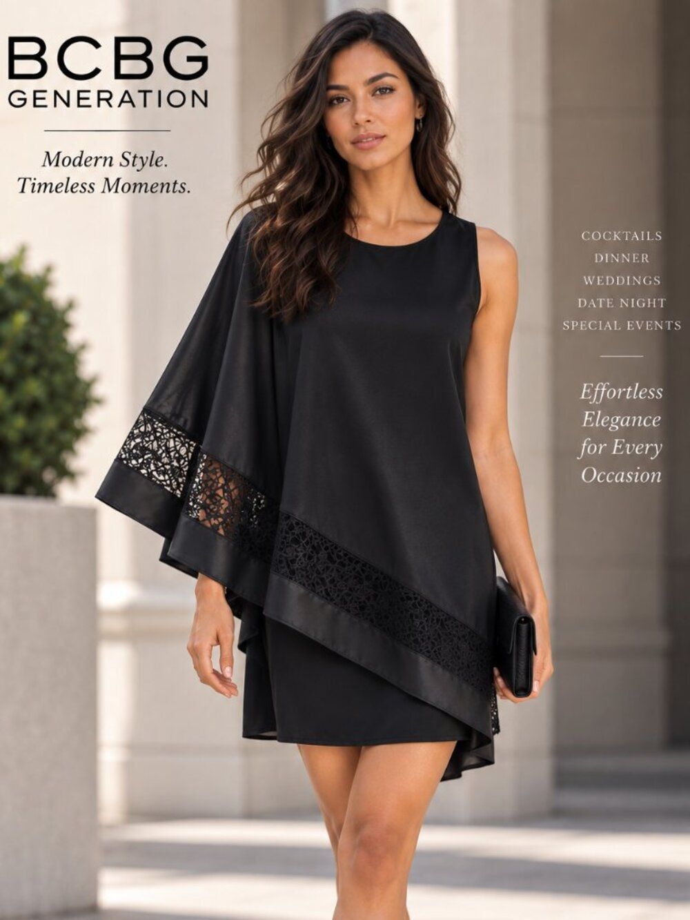 BCBGeneration Black One Shoulder Cape Lace Satin Cocktail Mini Dress S LBD Glam